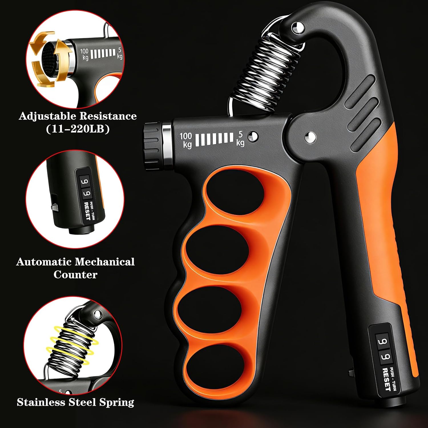 Adjustable Hand Gripper Strengthener, 11-220 Lbs Resistance with Counter, Forearm & Hand Exercise Trainer