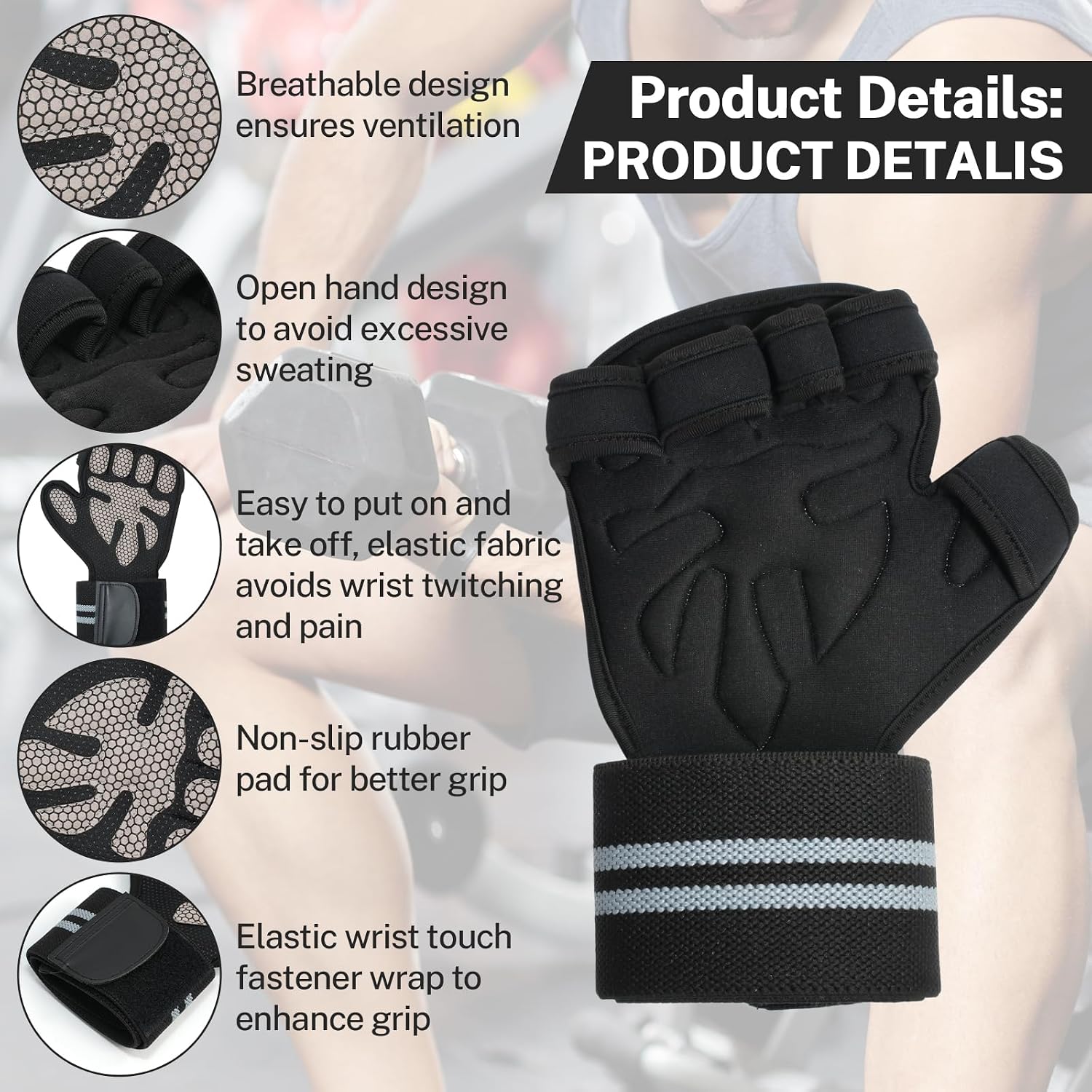 Workout Gloves with Wrist Wraps for Men & Women, Breathable Weight Lifting Gloves with Ventilated Design for Gym & Cross Training