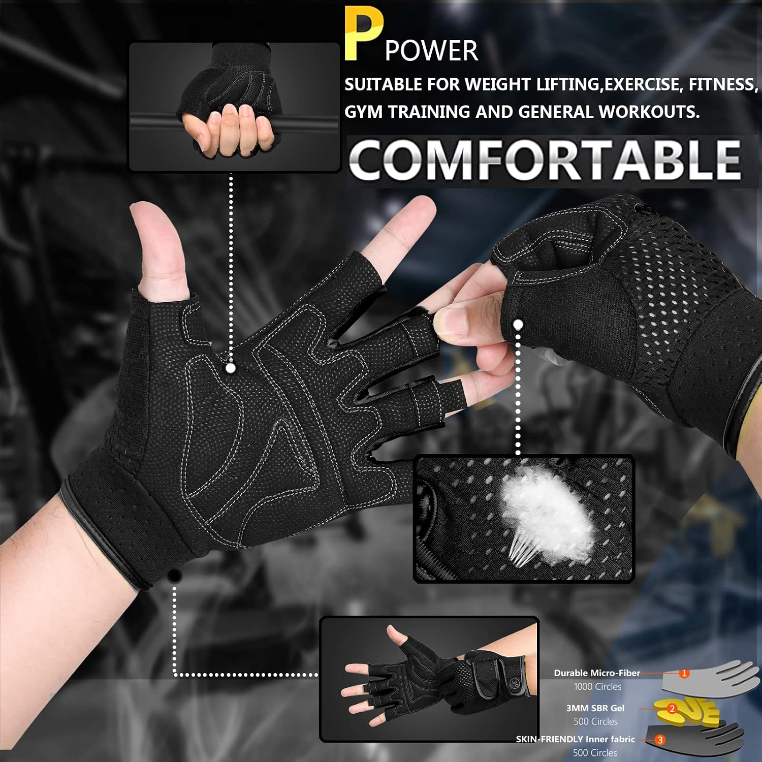 Padded Workout Gloves for Men & Women, 3MM Gel Fingerless Grip Gloves for Weightlifting, Gym Training, Cycling, Pull Ups & Rowing